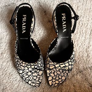 Prada patterned fabric with black leather heels